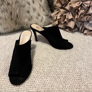 Black Faux Suede Peep Toe Slide Stiletto Heel Shoes Sz 8